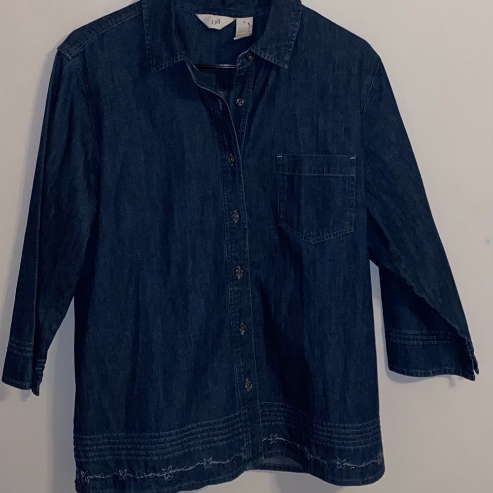J. Jill Denim Embellished Denim Shirt 3/4 Sleeve Embroidered Beautiful Top NWOT